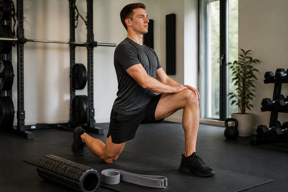 Athlete performing a half-kneeling stretch to improve hip flexor mobility on a gym mat