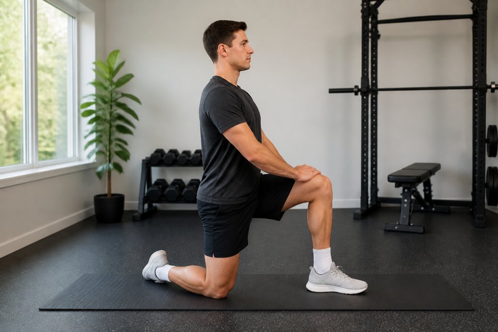 A person performing a low kneeling lunge stretch on a yoga mat in a bright, clean home gym, with right knee on the floor, left foot forward, torso upright, and hands resting on the front thigh