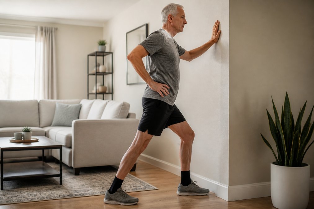 An older adult in their 60s performing a supported standing hip flexor stretch near a wall in a well-lit living room, one hand resting on the wall for balance, wearing comfortable athletic clothing