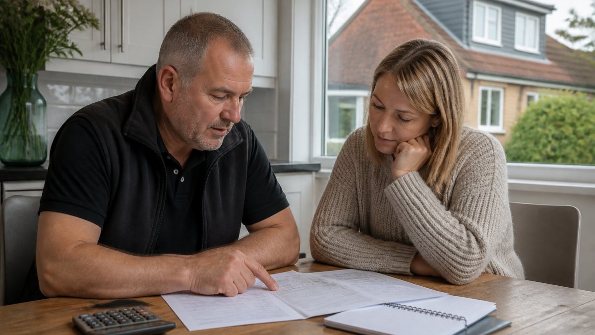 A builder and a homeowner reviewing itemised loft conversion cost paperwork at a kitchen table, with a hip-to-gable loft visible through the window behind them