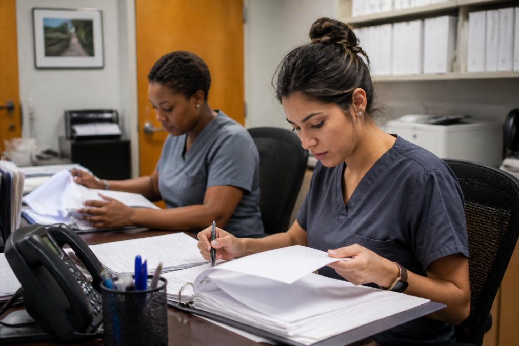 Medical billing staff working at desks with computers in a secure office environment, reviewing documents and checking HIPAA compliance protocols with focused attention