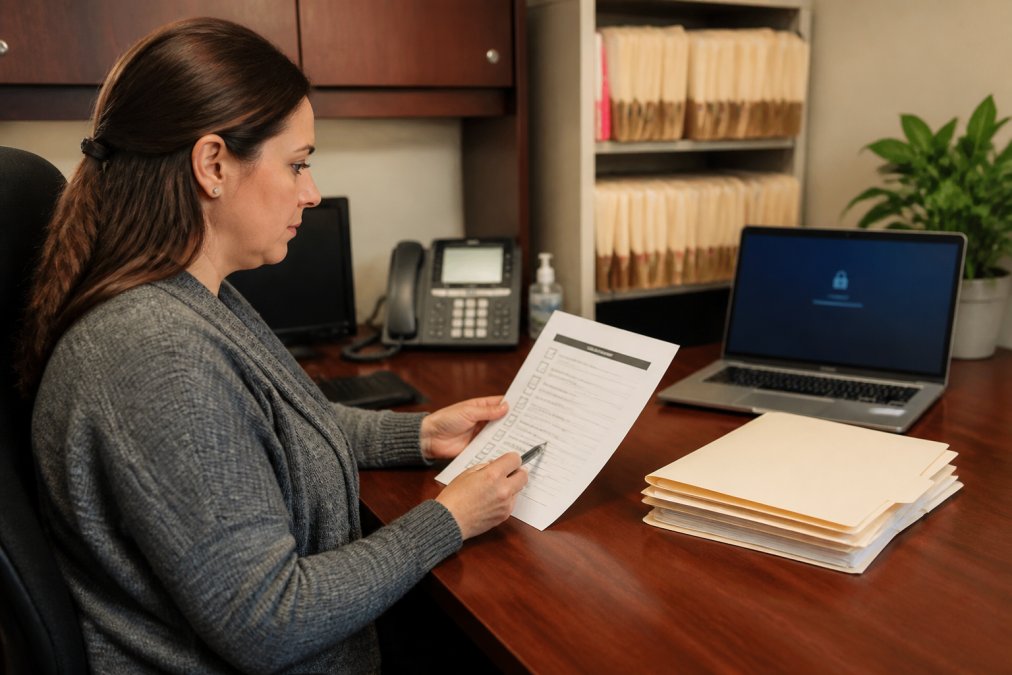A medical office administrator reviewing a printed compliance checklist at a desk, with a laptop open showing a secure login screen in the background, warm office lighting and stacked patient folders visible