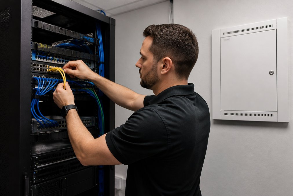 An IT professional configuring a network switch in a compact medical office server room, with labeled ethernet cables, rack-mounted equipment, and a wall-mounted access panel visible under fluorescent lighting