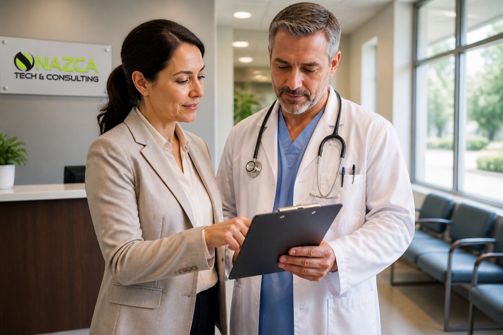 A medical office manager and a physician reviewing a clipboard with a compliance checklist in a bright modern clinic reception area, natural window light
