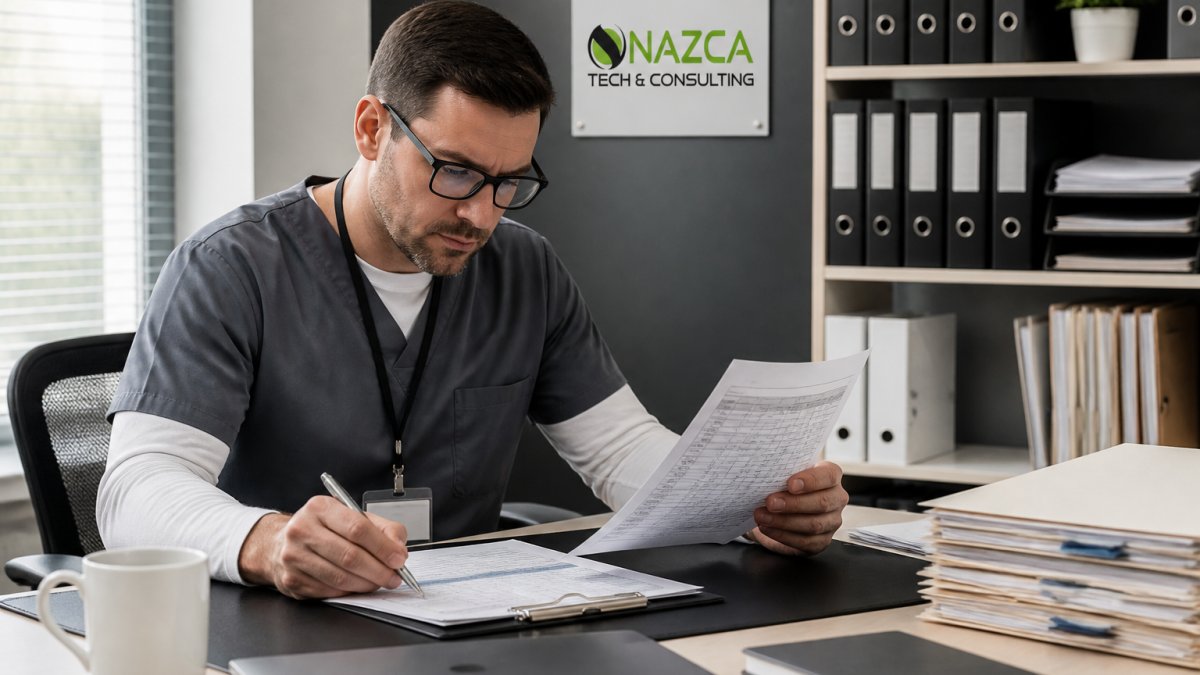 Healthcare IT professional reviewing HIPAA compliance and cybersecurity protocols on multiple monitors in a modern medical office, with patient data visible on screens and organized filing systems in the background