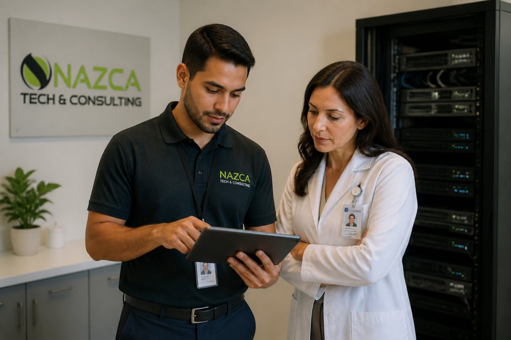 IT technician reviewing a tablet with a healthcare administrator near a server for HIPAA compliant IT services