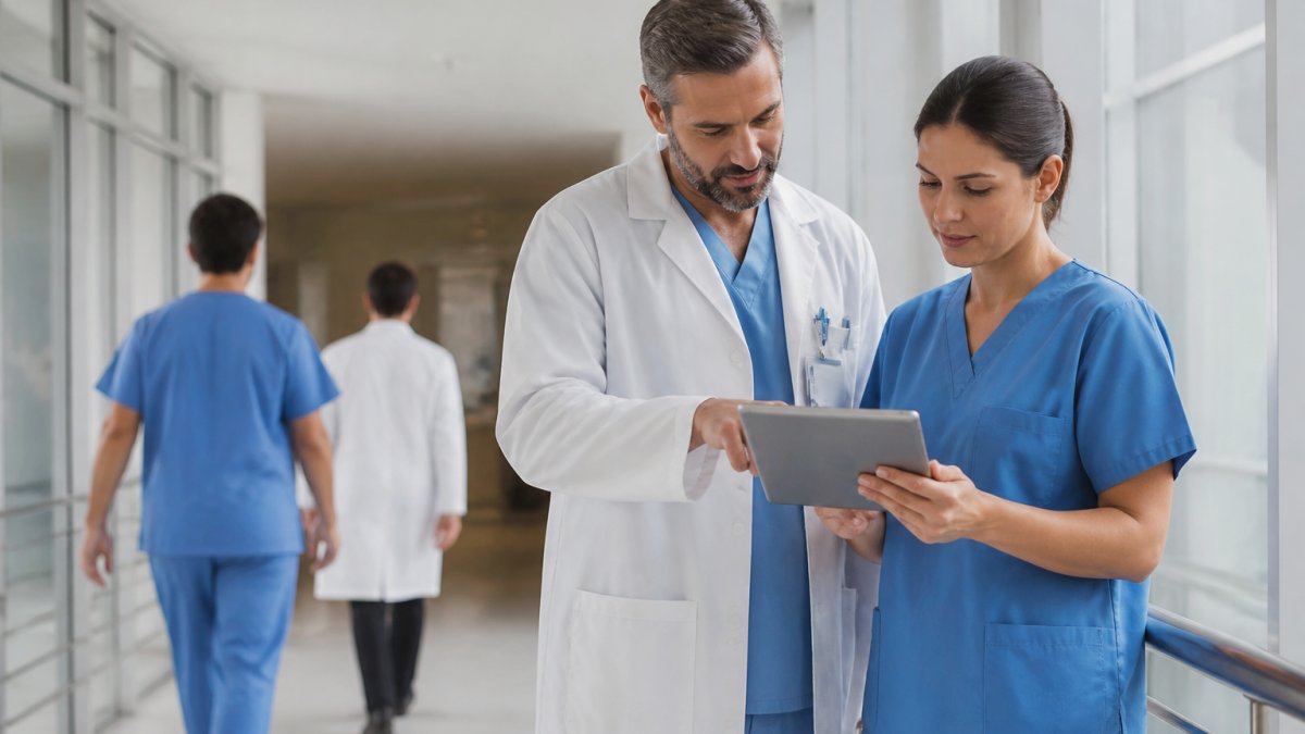 Professional demonstrating HIPAA-compliant patient portal development technique in modern clinical setting with natural lighting