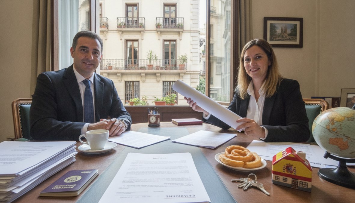 Persona extranjera firmando documentos notariales en una notaría española, con un asesor hipotecario al lado señalando cláusulas en los papeles sobre una mesa de madera oscura bajo luz cálida de oficina