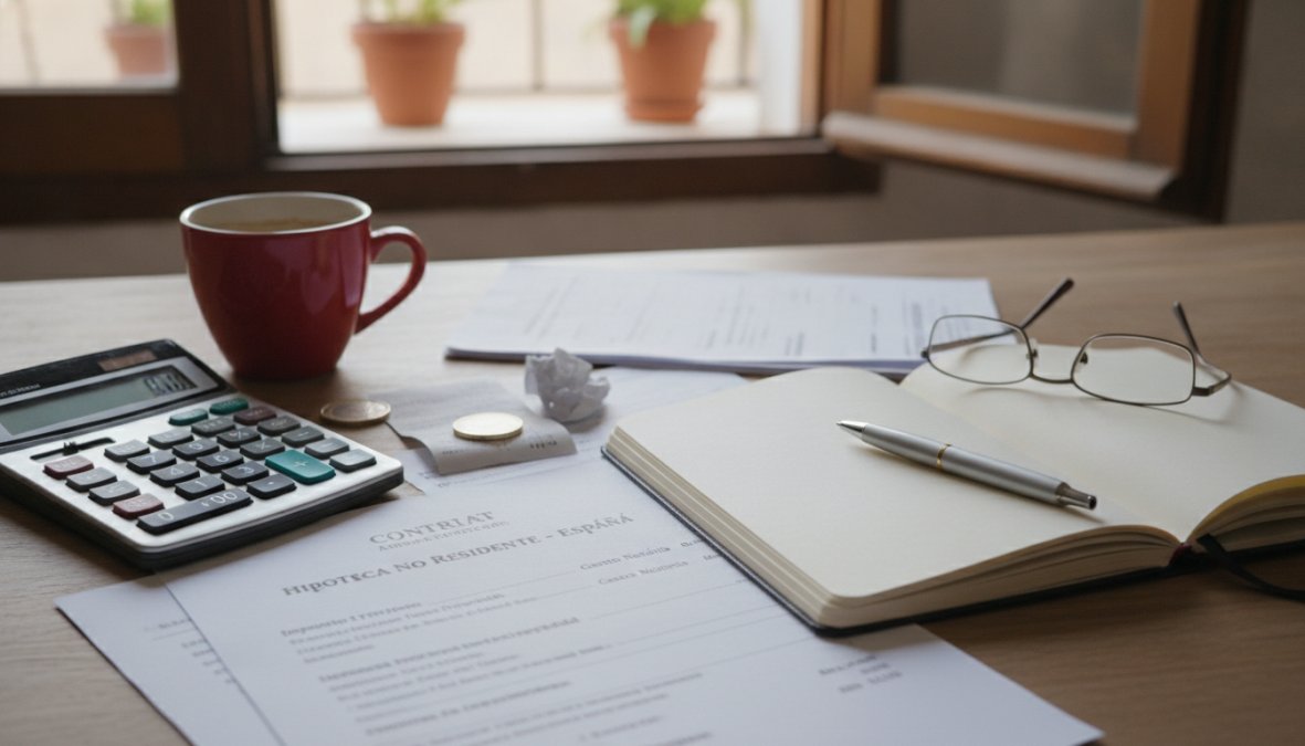 Primer plano de manos calculando cifras en una calculadora junto a documentos de compraventa inmobiliaria y un bolígrafo sobre una mesa de oficina con luz natural lateral