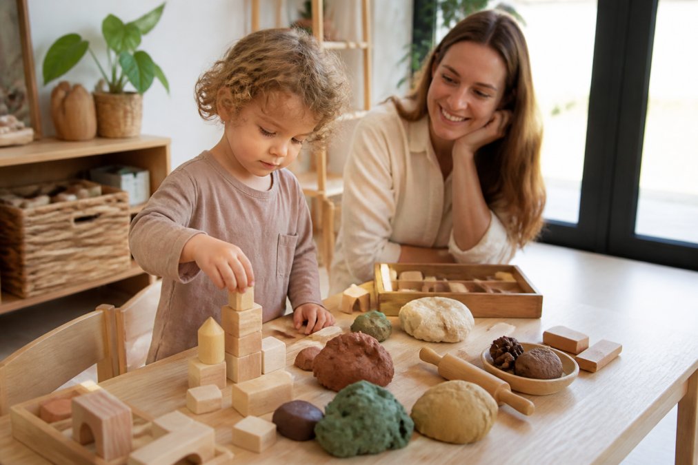 Kind van ongeveer 3 jaar speelt geconcentreerd met houten blokken en natuurlijke speelklei op een lichte houten speeltafel in een zonnig huis, terwijl moeder glimlachend toekijkt