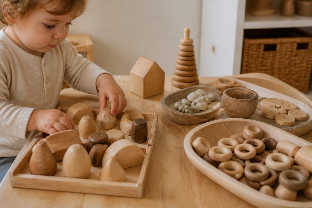 Close-up van handgemaakt houten speelgoed en natuurlijke speeltrays op een lichte houten tafel, met een kind dat nieuwsgierig de vormen verkent in een warme, huiselijke omgeving