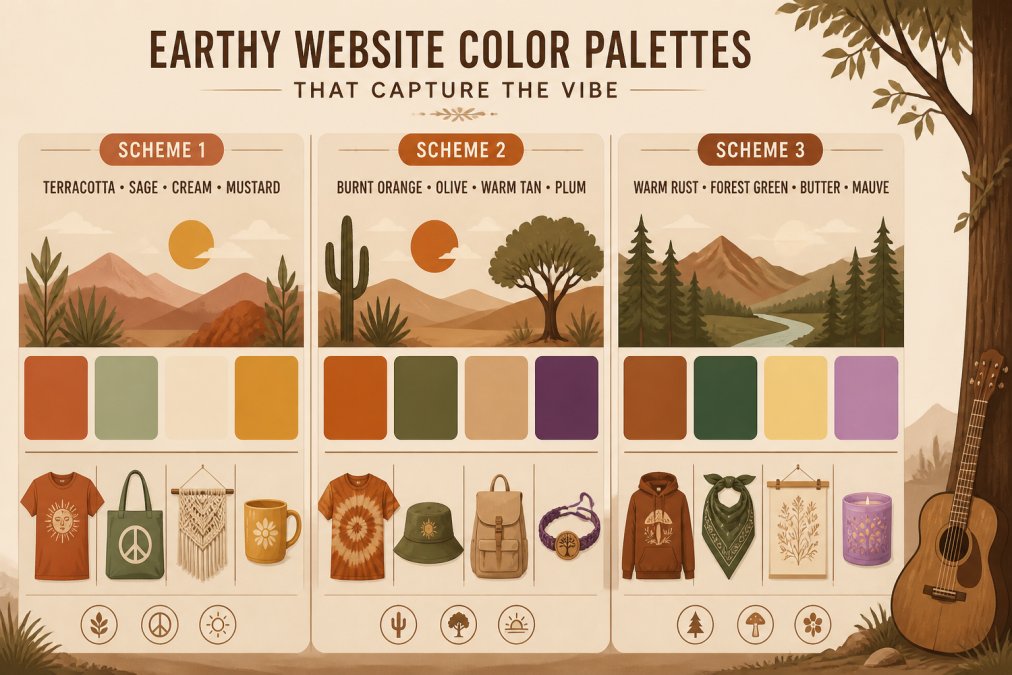 Color palette matrix showing 5 hippie-inspired schemes: Scheme 1 (Terracotta #C85A54, Sage #9CAF88, Cream #F5F1E8, Mustard #D4AF37), Scheme 2 (Burnt Orange #CC5500, Olive #556B2F, Warm Tan #D2B48C, Plum #663399), Scheme 3 (Warm Rust #8B4513, Forest Green #228B22, Butter #FFFACD, Mauve #E0B0FF)