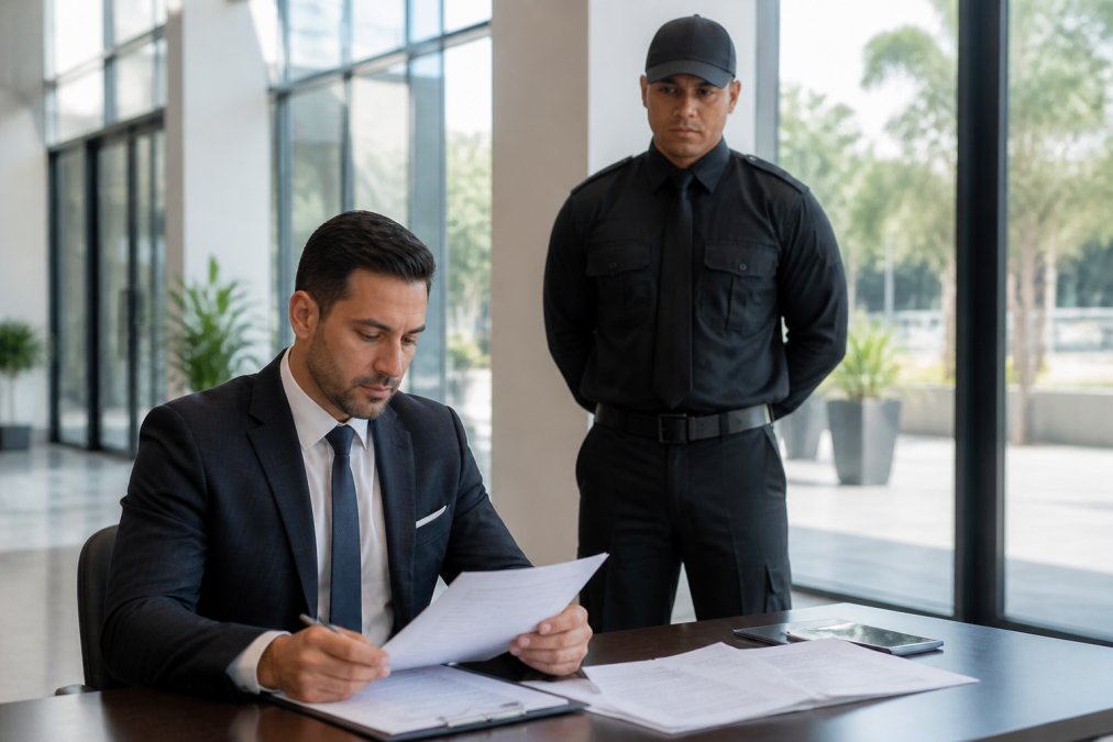A business professional in a tailored suit reviewing printed documents at a desk while a uniformed security guard in full uniform stands attentively nearby in a bright modern office lobby with floor-to-ceiling windows