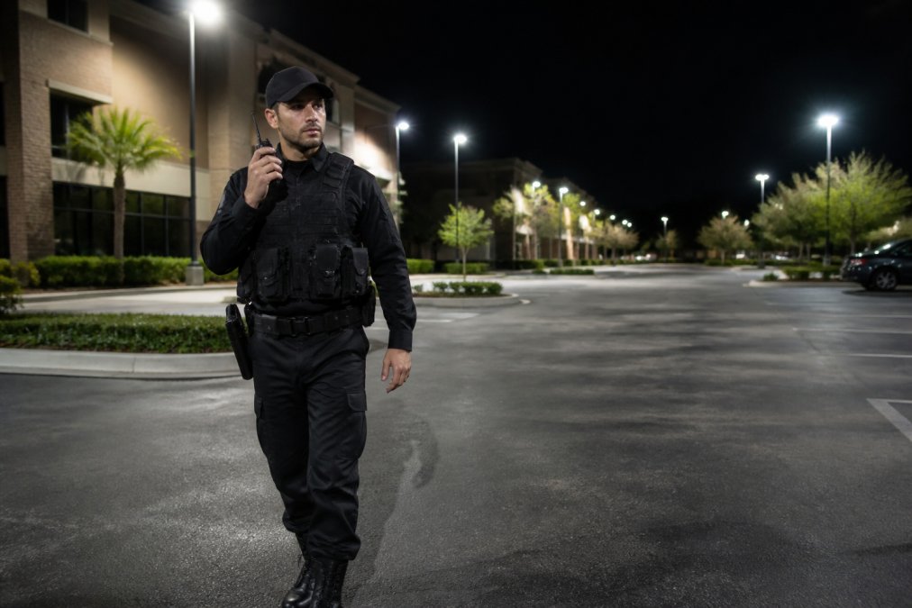 A uniformed security guard in full tactical gear walking purposefully through a commercial property parking lot at night, bright overhead exterior lighting casting sharp shadows across the asphalt, radio in hand