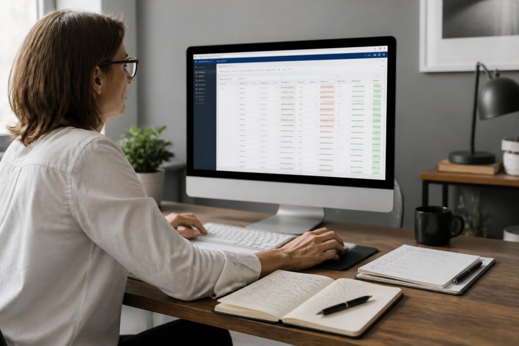 Professional reviewing CRM data on a computer screen with sales pipeline metrics, notes, and checklist visible on desk
