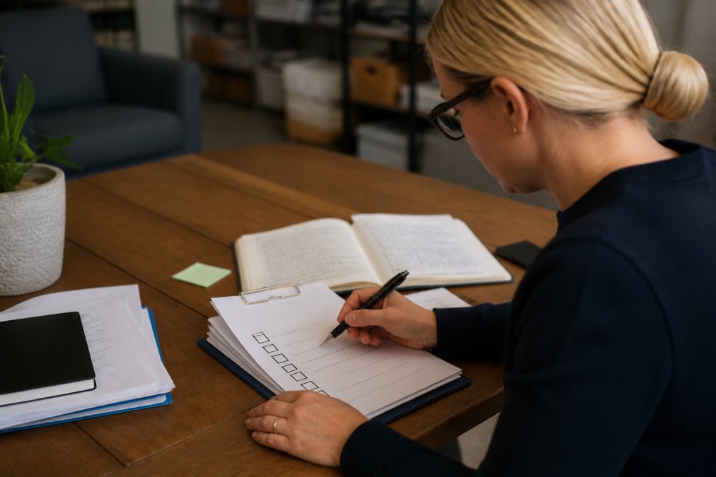 Professional reviewing CRM dashboard and sales metrics on computer screen with checklist and analysis notes visible on desk