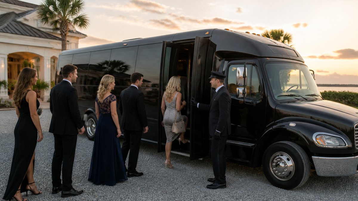 Uniformed driver opening the door for wedding guests boarding a black chauffeured bus at a scenic coastal venue.