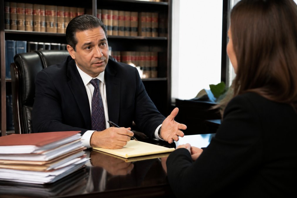 Experienced attorney in dark suit speaking confidently with client across polished desk, legal files and computer visible, professional office with law books in background