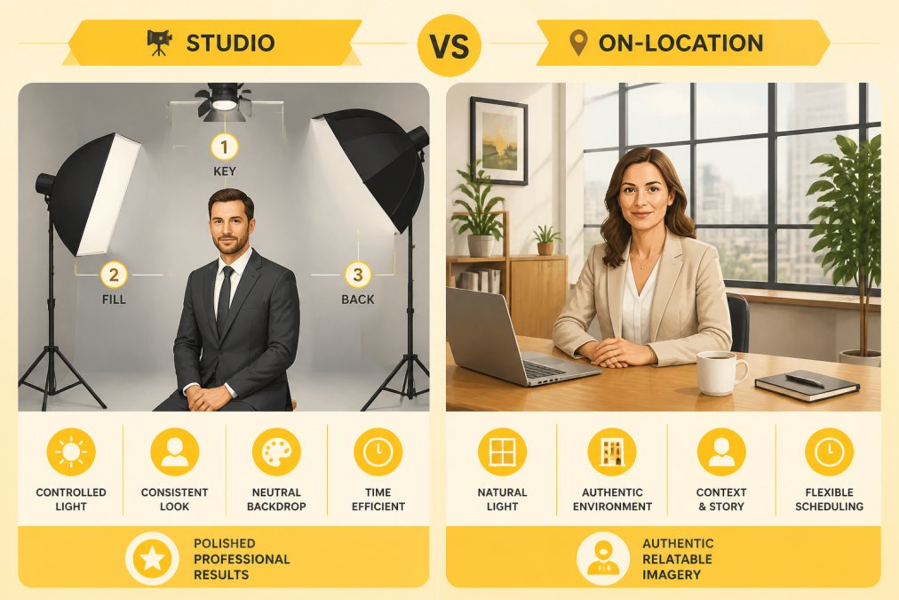 Split perspective showing professional studio setup with controlled three-point lighting and neutral grey backdrop, contrasted with natural office environment featuring large windows, wooden desk, and authentic workspace elements