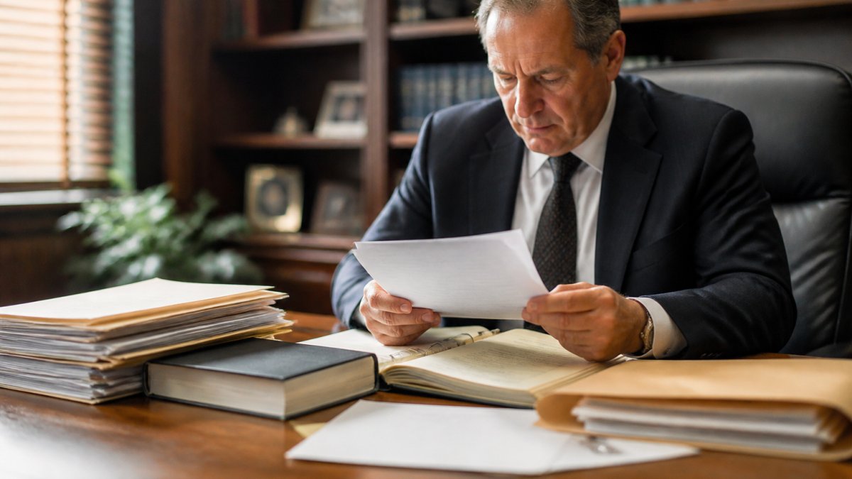 Professional criminal defense attorney reviewing case files and documents at desk in modern office with focused expression