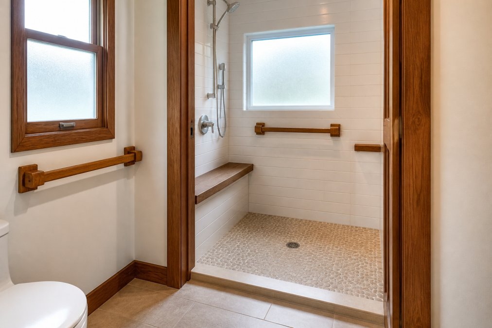 A bright, accessible bathroom featuring custom-built wooden grab bars, a built-in bench seat inside a walk-in shower, and wide doorway framing with warm natural wood tones against white tile walls and natural light from a frosted window