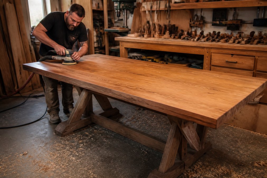 A skilled craftsman carefully sanding a large solid-wood farmhouse dining table in a well-lit workshop, wood shavings scattered on the concrete floor and hand tools arranged neatly on a workbench in the background, warm overhead lighting highlighting the wood grain