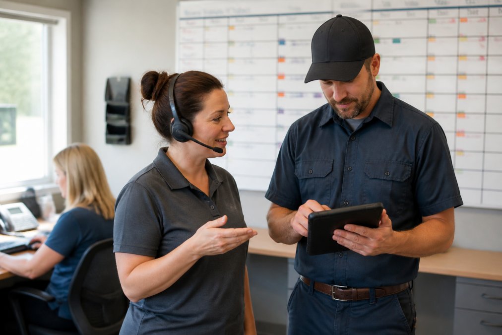 A dispatch coordinator wearing a headset talking to a technician on a tablet, standing in a bright home service office with a scheduling board in the background