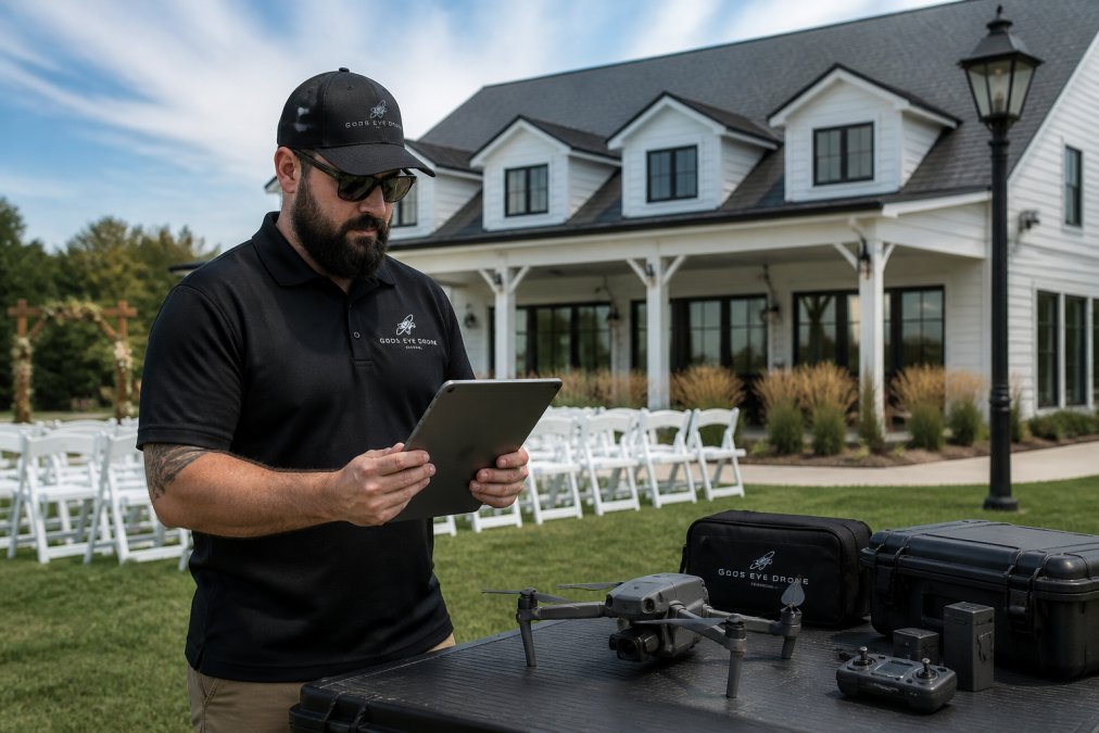 Professional drone pilot standing outdoors checking flight plan on tablet before launching UAV, with event venue visible in background, natural daylight
