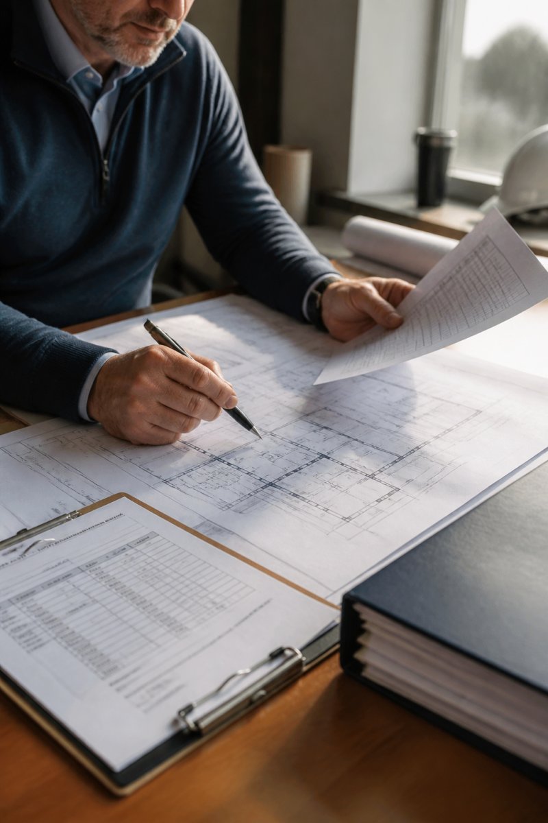 Professional facilities director reviewing facility blueprints, maintenance schedules, and equipment specifications at a desk with building systems documentation visible