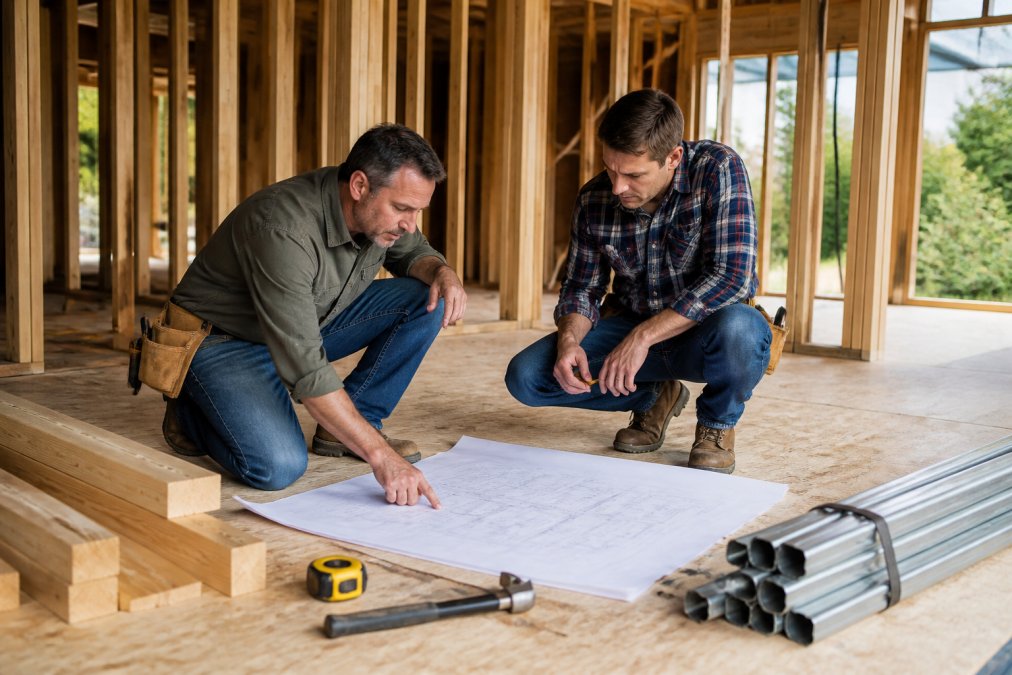 A homeowner and a framing contractor reviewing blueprints on a wooden subfloor inside a home addition under construction, with wall studs visible in the background