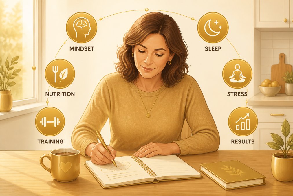 Woman in her 40s sitting at a kitchen table with a warm beverage, looking focused and calm while reviewing notes in a journal, natural lighting from a nearby window
