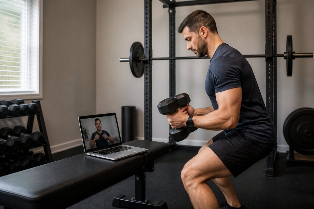 Person performing dumbbell exercise in home gym while reviewing form on laptop screen during live video consultation with coach visible on screen