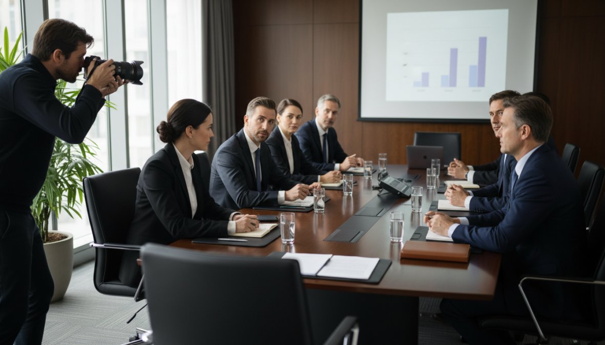 A professional photographer with a mirrorless camera discreetly positioned at the edge of a corporate boardroom, capturing executives seated around a large conference table during a formal meeting, with warm overhead lighting and floor-to-ceiling windows in the background