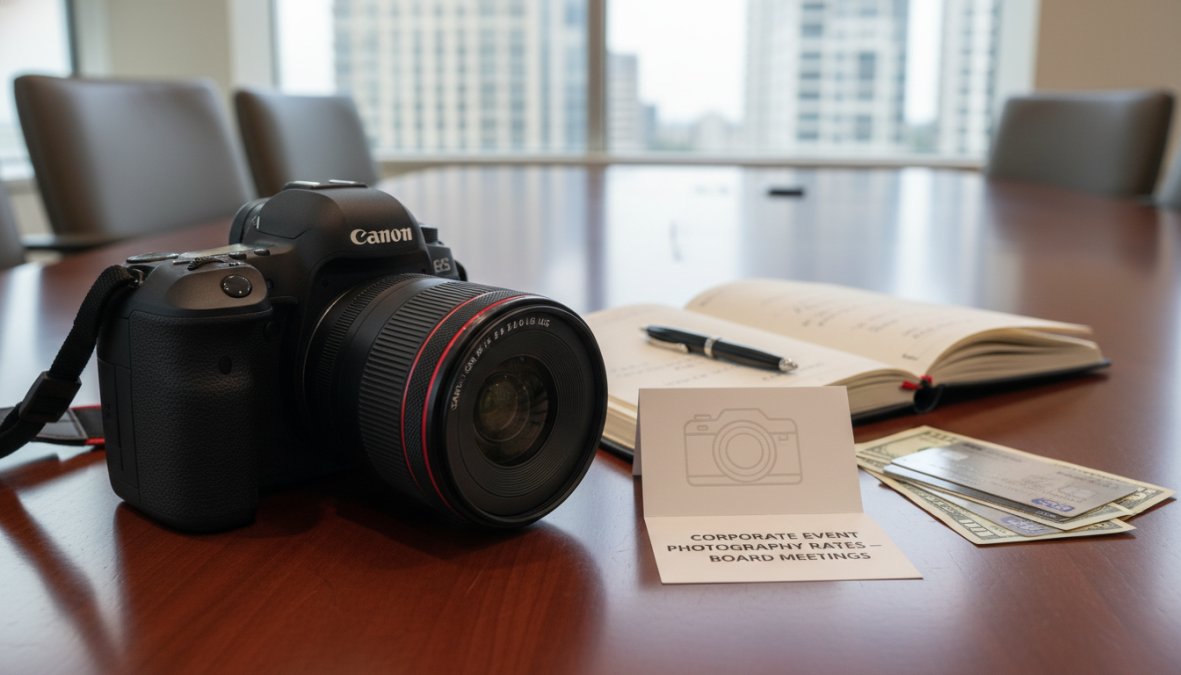 Close-up of a corporate photographer reviewing high-resolution images on a laptop at a clean desk, with a professional mirrorless camera and lens placed beside the laptop, warm desk lighting suggesting post-production review after a board meeting shoot