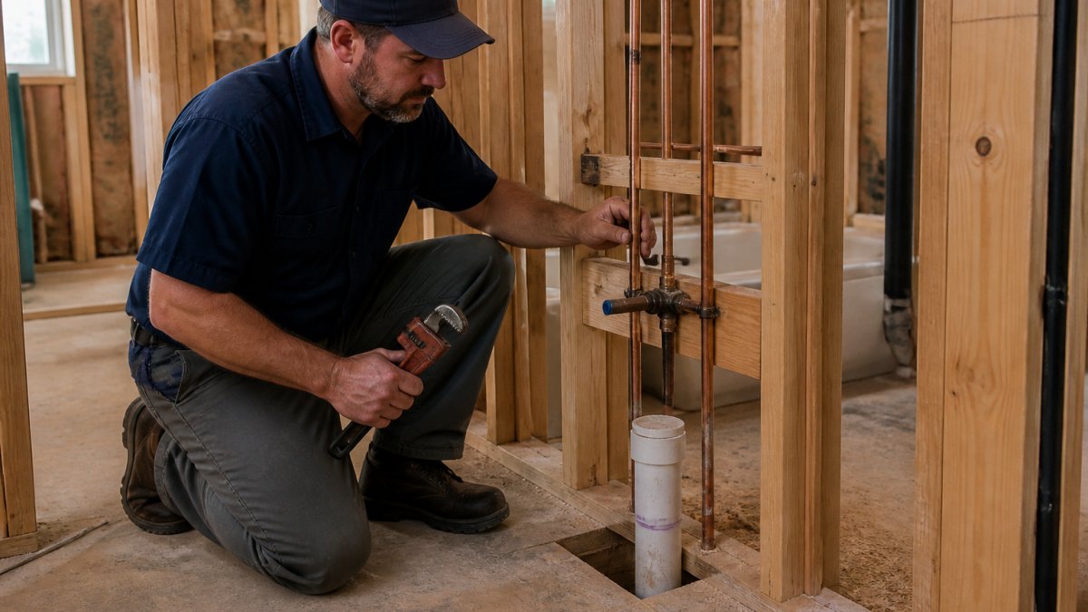 Licensed plumber using a wrench on copper pipes to hire plumber for bathroom rough-in work