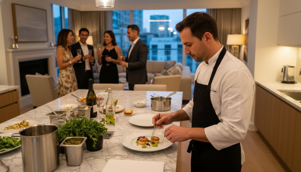 A professional private chef in a white jacket carefully plating an elegant dish at a marble kitchen bench while well-dressed guests socialise with wine glasses in a warmly lit open-plan dining area in the background