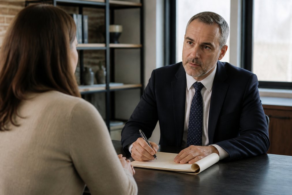 Private investigator in professional business attire sitting across from a witness in a modern office setting, notepad open on table, conducting an interview with focused attention and professional demeanor