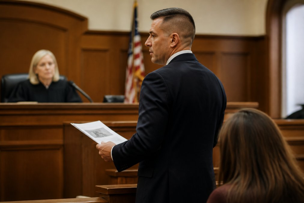 Investigator standing in professional courtroom attire, holding documents, testifying with confident posture before a judge's bench with legal proceedings in session