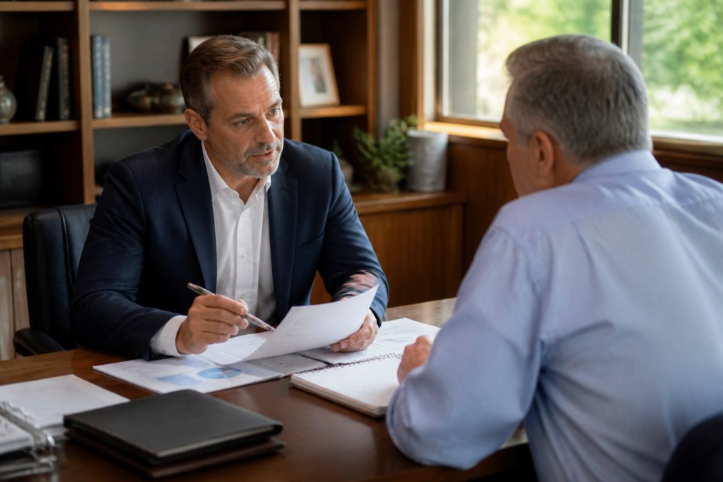 Business owner sitting across from a consultant in a professional office setting, reviewing financial documents and strategy notes on a wooden desk during a consultation meeting