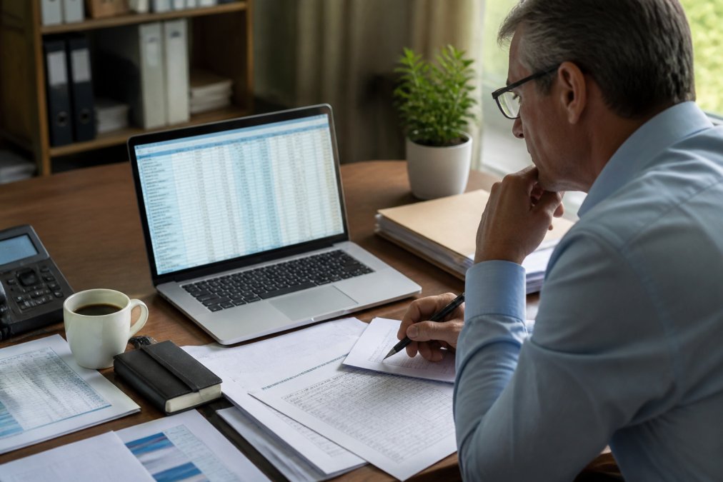Business professional reviewing performance metrics and financial reports on a laptop screen, with spreadsheets and analysis notes on the desk, examining consulting engagement results