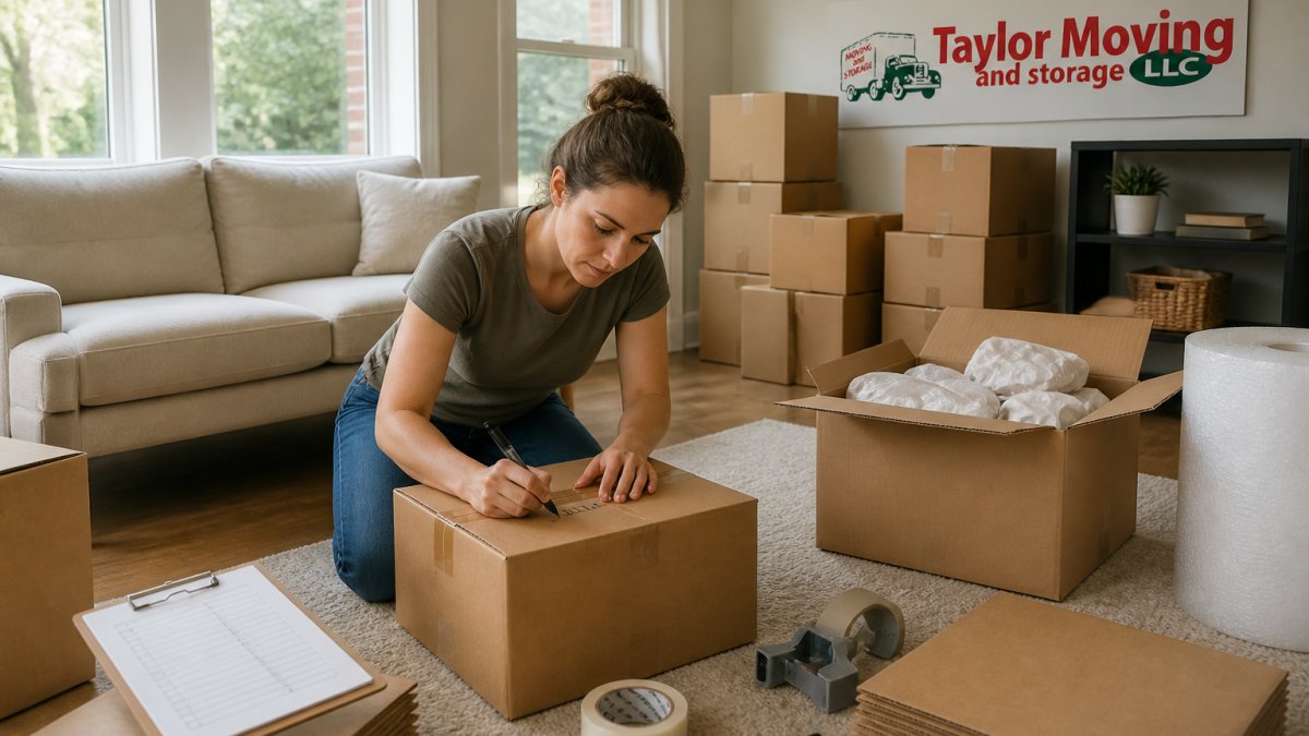 Homeowner organizing and labeling boxes for professional packing with a checklist in a bright living room.