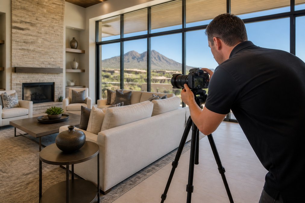 Professional photographer adjusting a tripod-mounted camera in a bright Scottsdale living room with floor-to-ceiling windows and desert mountain views