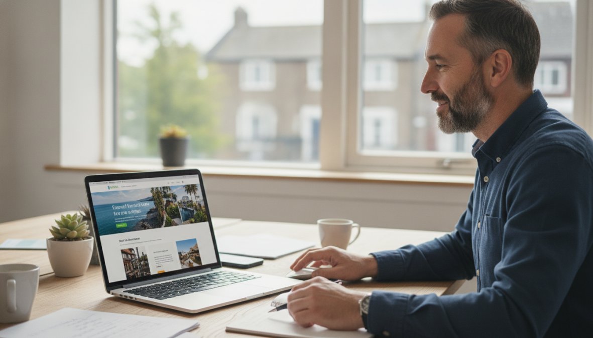 A small business owner reviewing a modern website design on a laptop at a bright wooden desk in a tidy Norfolk office, looking satisfied and engaged, with natural daylight coming through the window
