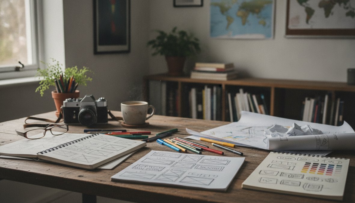 A web designer and a business client sitting at a desk together, reviewing printed website mockups and design sketches, with a laptop open and notebooks spread across the table, in a well-lit modern studio space