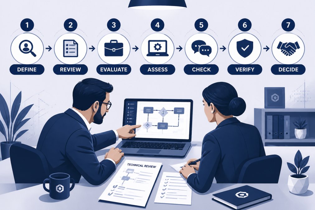 Two professionals reviewing a technical document together at a desk, one pointing at a laptop screen showing workflow diagrams, in a modern office setting with warm overhead lighting