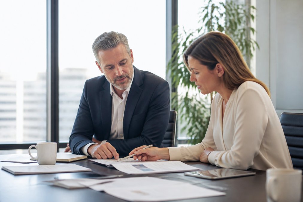 A business leader and consultant reviewing performance metrics on a large monitor in a bright boardroom, both engaged and focused on the data displayed on screen, natural daylight coming through large windows