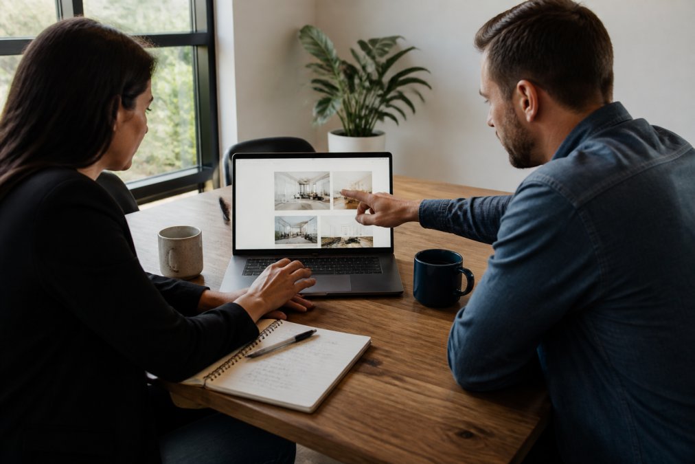Business owner and web designer reviewing website mockups on laptop screen at wooden desk, discussing project requirements with notes and coffee cups visible, natural office lighting from window