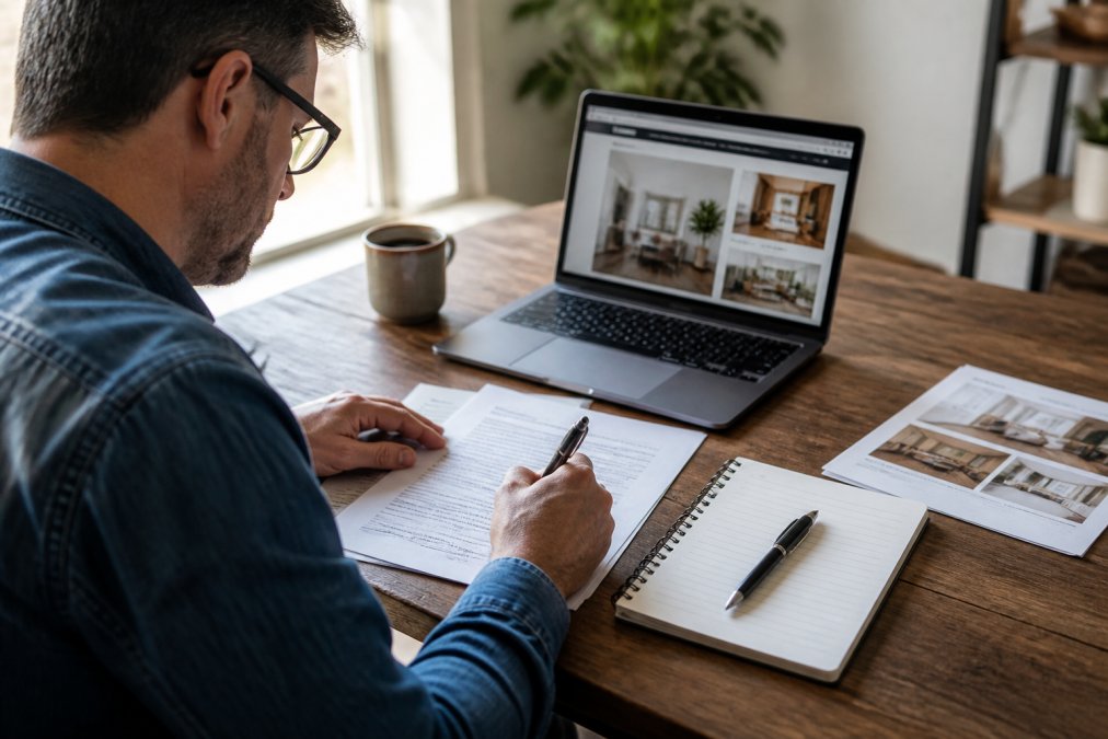 Small business owner reviewing proposal documents and taking detailed notes at desk while laptop displays website design mockup, with checklist visible, natural afternoon lighting