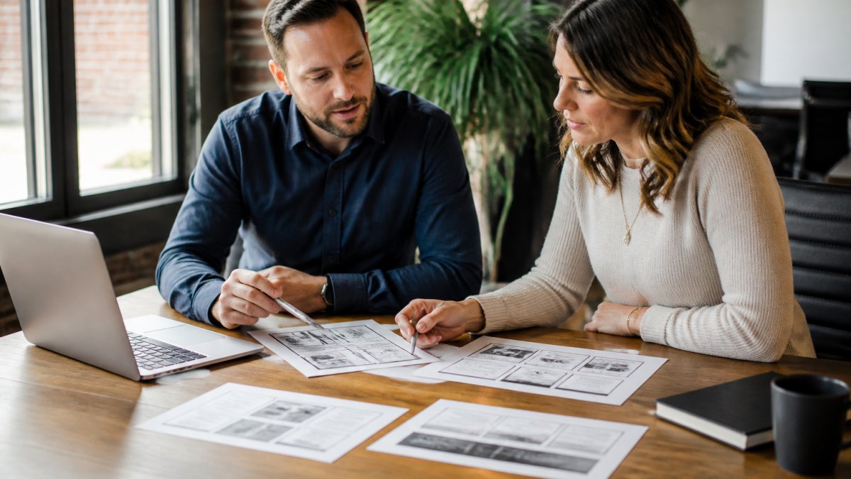 Two professionals reviewing website wireframes and design mockups on a laptop during a consultation meeting in a modern office