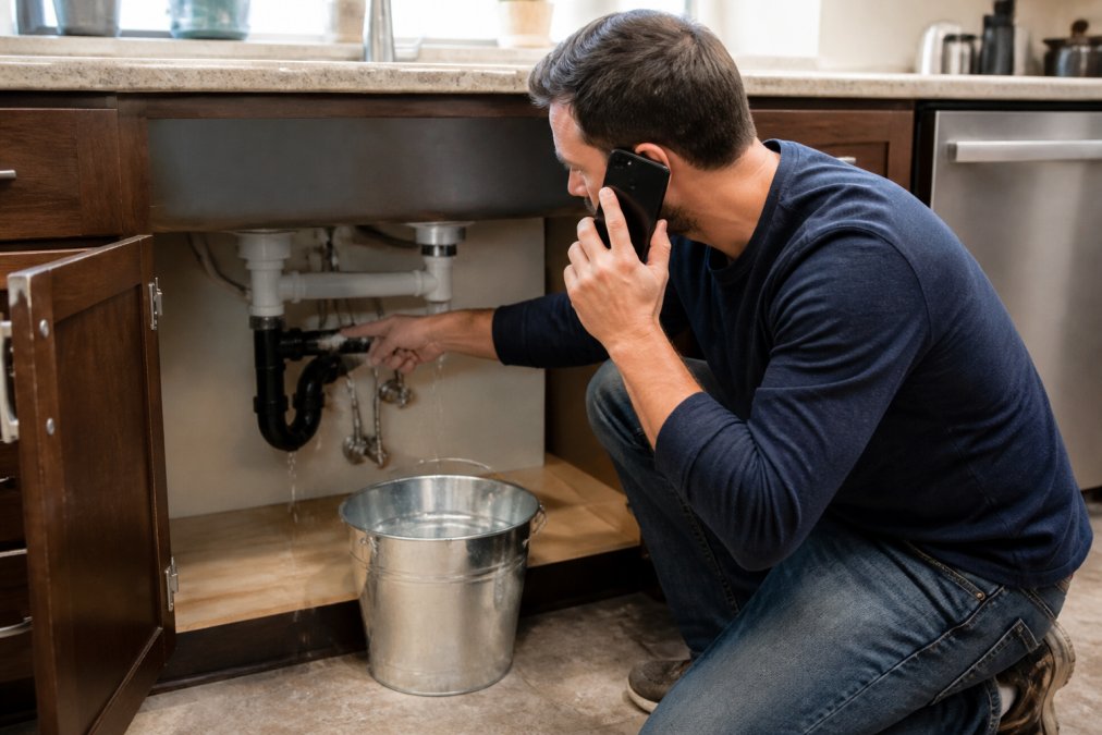 A homeowner kneeling by a kitchen sink cabinet, pointing at a shut-off valve while holding a phone, with a metal bucket on the floor catching drips from a pipe